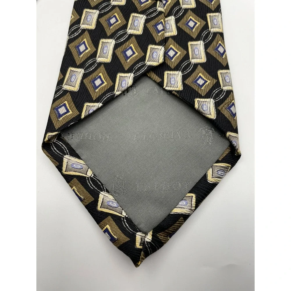 Robert Talbott Mens Silk Tie Black Gold Blue Geometric Diamond Hand Sewn USA